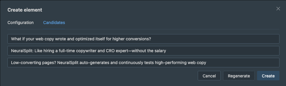 The generated candidates, which can be perfected before they are saved