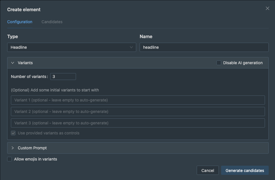 Create a headline (or other element). Uses direct response marketing principles to generate high-converting copy variants